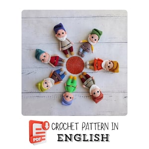 Patron PDF anglais au crochet - Amigurumi des sept petits amis de la forêt, ensemble de poupées gnomes miniatures, 7 nains