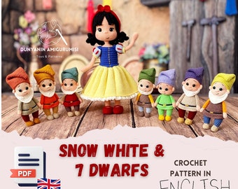 Crochet English PDF patterns Snow White and 7 dwarfs, crochet toy making, doll making, 2 in 1 pattern