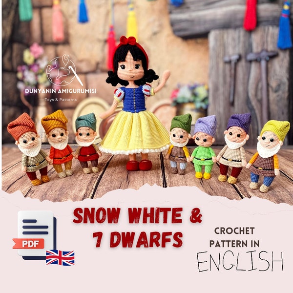 Crochet English PDF patterns Snow White and 7 dwarfs, crochet toy making, doll making, 2 in 1 pattern