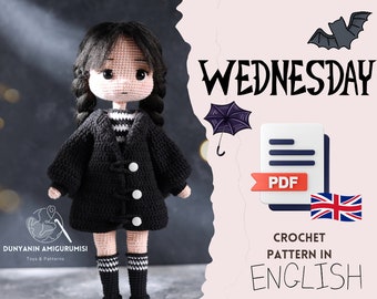 Patron PDF anglais au crochet pour poupée amigurumi du mercredi Addams, fabrication de jouets faits main, fabrication de poupées,