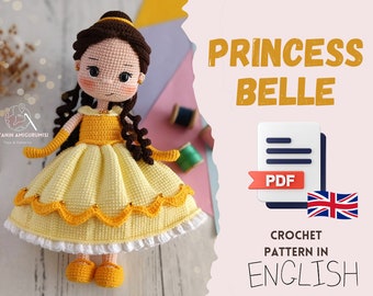 Crochet English PDF pattern Princess Belle, Princess Doll, amigurumi Doll pattern, handmade toy making, doll making