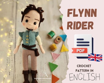 Modello PDF inglese all'uncinetto flynn Rider amigurumi, creazione di giocattoli fatti a mano, creazione di bambole