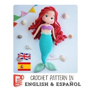 Patrón de Crochet - Muñeca Sirena de pelo rojo rizado con Cola - Amigurumi PDF (Inglés-Español)