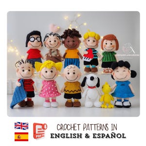 May include: A collection of eleven crocheted dolls, each representing a character from a popular cartoon. The dolls are in various colors, including red, yellow, blue, and brown. The text "CROCHET PATTERNS IN ENGLISH & ESPAÑOL" is displayed at the bottom.