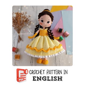 Englisches PDF Häkelmuster - Prinzessin - Puppe im Gelben Kleid - Amigurumi