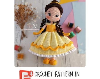 Crochet English PDF Pattern - Princess Doll in Yellow Dress - Amigurumi