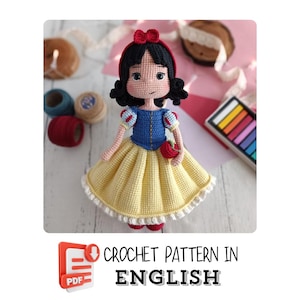 Crochet English PDF Pattern - Snow White Princess Doll in Yellow & Blue Dress - Amigurumi
