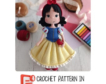 Crochet English PDF Pattern - Snow White Princess Doll in Yellow & Blue Dress - Amigurumi