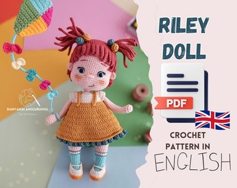 Modèle PDF anglais au crochet pour poupée Riley, fabrication de jouets faits main, fabrication de poupées, poupée avec cerf-volant, poupée avec taches de rousseur