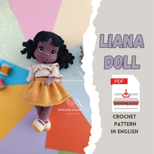 Crochet modèle PDF anglais Liana Doll amigurumi, poupée africaine, fabrication de jouets faits à la main, fabrication de poupées