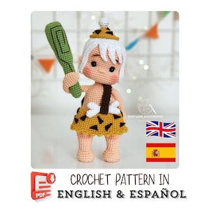Crochet Pattern - Prehistoric Baby Bambe Boy Doll with Club - Amigurumi PDF (English - Spanish)