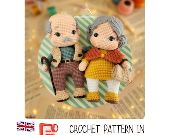 Englisches PDF Häkelmuster (2 in 1 Bündel) - Großeltern - Puppenset - Amigurumi Grandpa & Grandma