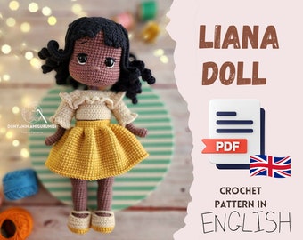 Crochet English PDF pattern Liana Doll amigurumi, african Doll, handmade toy making, doll making
