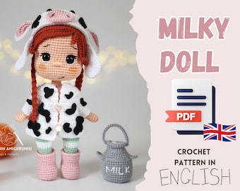 Patron PDF anglais au crochet Cow Girl Milky Doll amigurumi, fabrication de jouets faits main, fabrication de poupées,