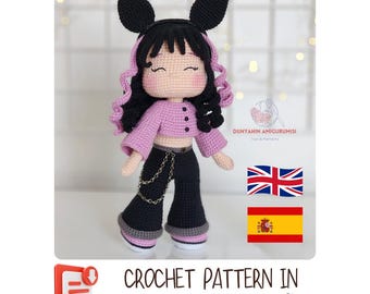 Patroon gehaakte meisjespop: pdf-bestand amigurumi-pop in het Engels-Spaans