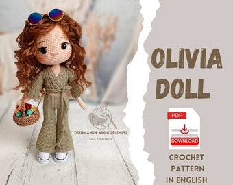 Patron PDF anglais au crochet Olivia Doll amigurumi, fabrication de jouets faits main, fabrication de poupées, poupée au crochet