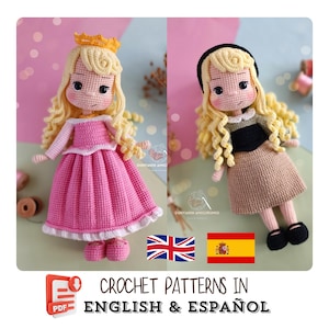Crochet Pattern – Princess Aurora Doll with 2 Included Dress Patterns – English & Spanish PDF – Amigurumi