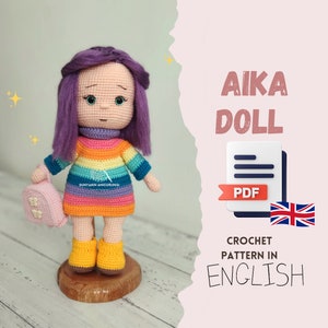 Crochet pattern Aika Doll amigurumi PDF English Pattern, handmade toy making, doll making, purple haired Doll, Doll in colorful dress