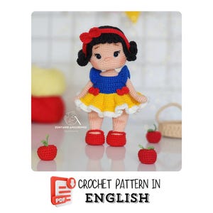 Crochet English PDF Pattern - Princess Snow White Doll in Yellow & Blue Dress - Amigurumi