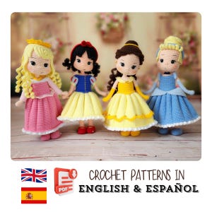 Patrón de crochet para muñecas princesas amigurumi: Aurora, Blancanieves, Bella, Cenicienta (PDF inglés-español)