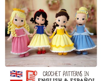 Amigurumi Princess Doll Crochet Pattern Set: Aurora, Snow White, Belle, Cindirella (PDF English-Spanish)