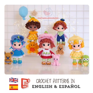 May include: A collection of five handmade crochet dolls with various outfits and hair colors, accompanied by small crocheted animal figures. The dolls feature detailed yarn textures, colorful hats, and dresses. Text reads: DUNYANIN AMIGURUMISI Toys & Patterns, CROCHET PATTERNS IN ENGLISH & ESPAÑOL.