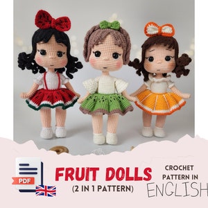 Crochet English PDF pattern Watermelon Doll, Kiwi Doll, Orange Doll amigurumi, bundle 3 in 1 crochet pattern