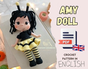 Amy Doll, modèle PDF anglais au crochet, amigurumi Bee Girl, fabrication de jouets faits main, fabrication de poupées