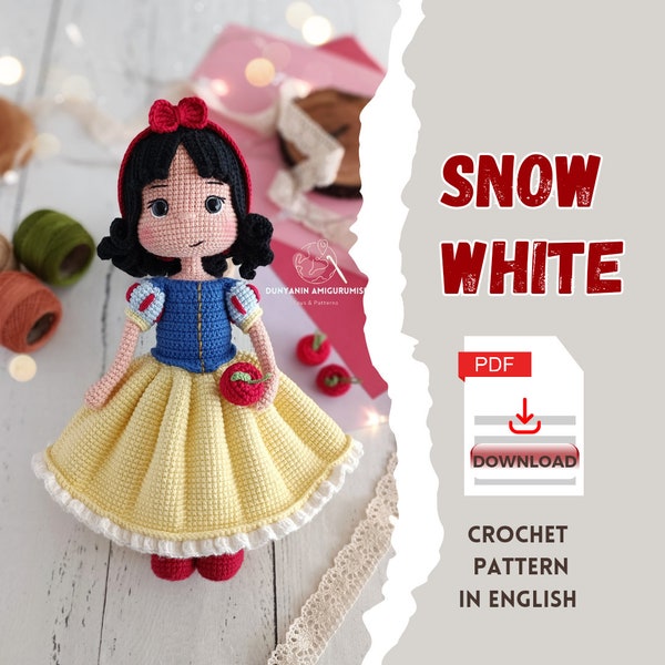 Crochet English PDF pattern Snow White Doll amigurumi, handmade toy making, doll making