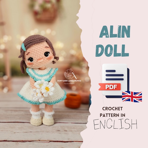 Crochet English PDF pattern Alin Doll amigurumi, handmade toy making, doll making