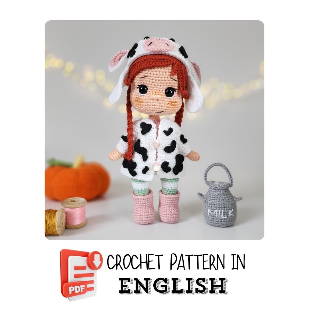 Crochet Pattern - Cow Hat Farm Girl Amigurumi Doll with Milk Bucket, English PDF