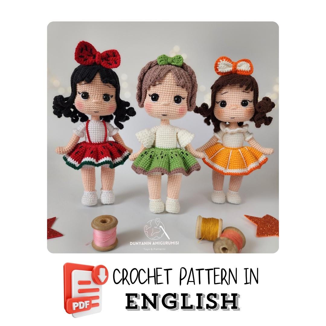 Handmade Crochet Fruit Girls – Watermelon, Orange & Kiwi Dress Dolls 🍉🍊🥝