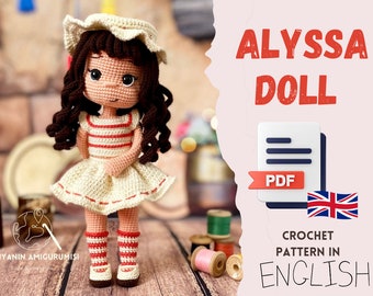 Patron PDF anglais au crochet Alyssa Doll amigurumi, fabrication de poupées, fabrication de jouets faits main, poupée d'été