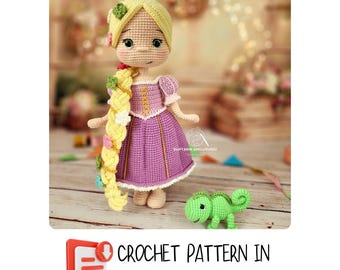 Crochet Pattern - Long-Haired Princess Doll & Little Chameleon - Amigurumi PDF (English)
