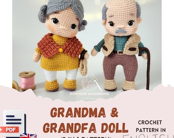 Englisch PDF Häkelanleitung Großmutter und Oma Aliye, Amigurumi, Handgemachtes Spielzeug machen, Puppen machen, Großeltern häkeln