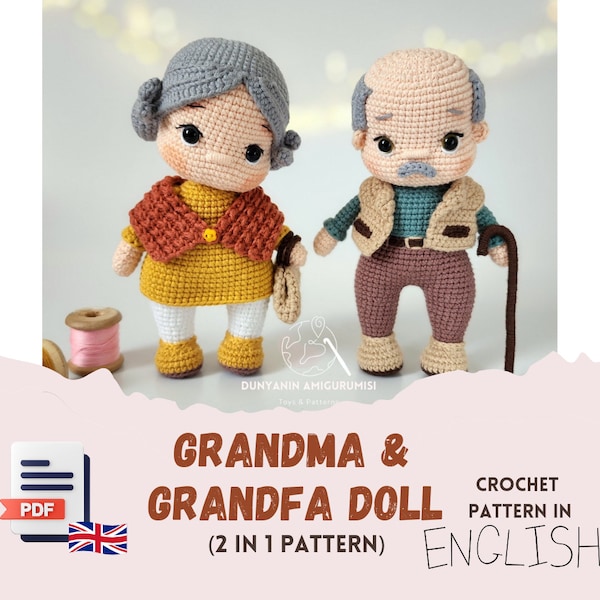 Englisch PDF Häkelanleitung Großmutter und Oma Aliye, Amigurumi, Handgemachtes Spielzeug machen, Puppen machen, Großeltern häkeln