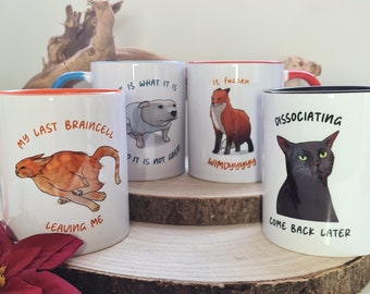 Tazas con memes de animales divertidos: es jodidamente inteligente, la última neurona que me abandona, disociándome, es lo que es: regalo de taza con meme de animales divertidos