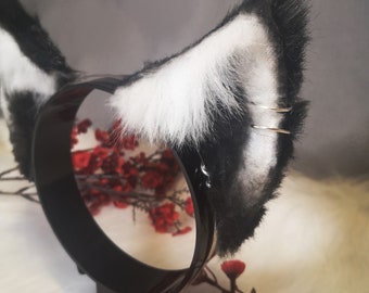 Orejas peludas en blanco y negro personalizadas, gato, lobo, cachorro, mapache, orejas de animales de piel sintética realistas, diadema de cosplay, orejas de cachorro de gatito Petplay