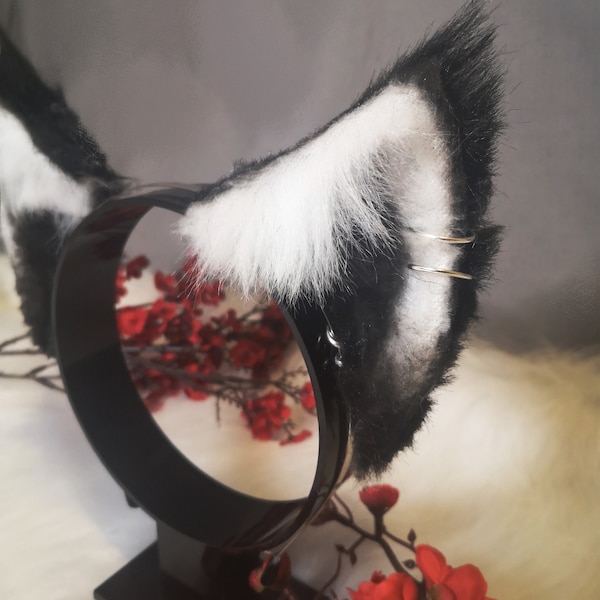 Custom Black and White Furry Ears, Cat, Wolf, Puppy, Raccoon,  Realistic Faux Fur Animal Ears, Cosplay Headband, Petplay Kitten Puppy Ears