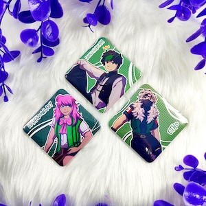 Puede incluir: Tres botones en forma de diamante con ilustraciones de dibujos animados de personas. Cada botón tiene un borde y un fondo verdes. Un botón tiene el texto "SMALLISHBEANS", otro "LDSHADOWLADY" y el tercero "Etho".