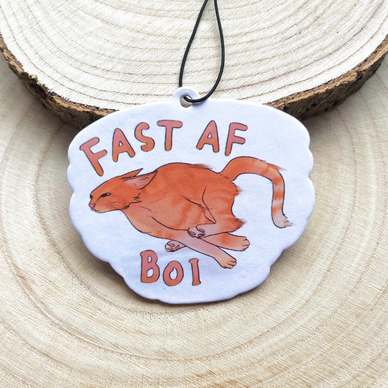 May include: White oval car air freshener with a cartoon orange cat running and the text "FAST AF BOI" in pink.