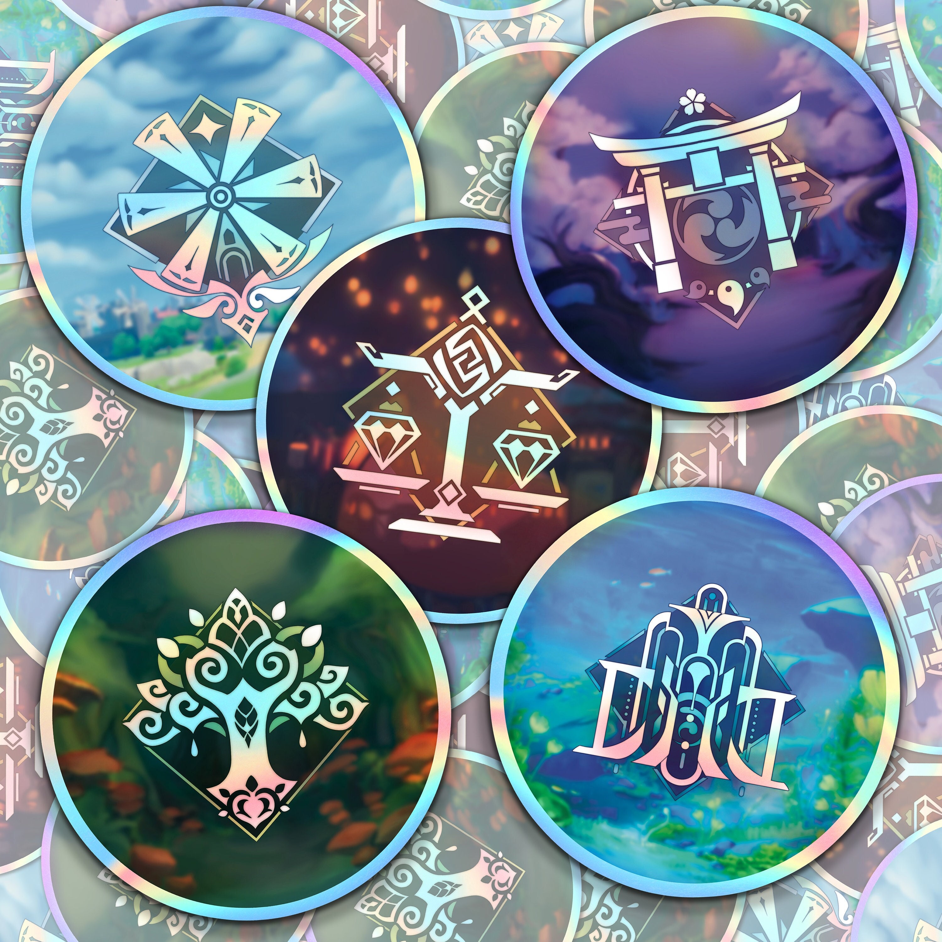 Genshin Impact Holographic Stickers, Mondstadt, Liyue, Inazuma, Sumeru, Fontaine