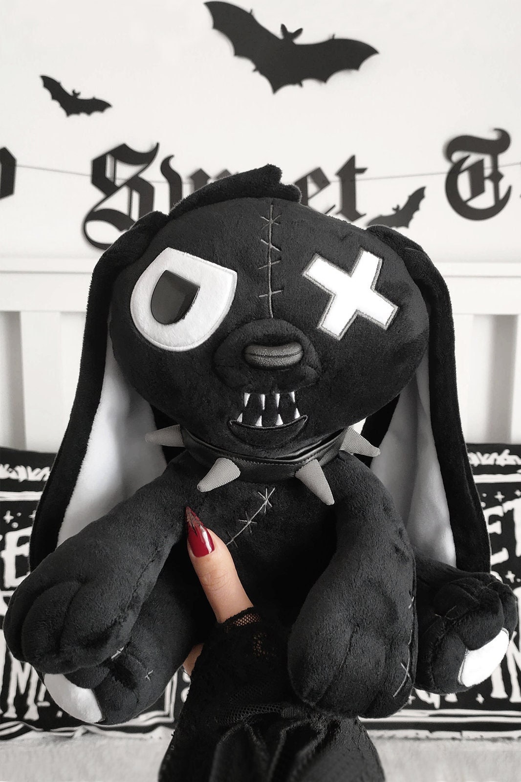 12in Creepy Goth Bunny Plush Crazy Rabbit Plushie Toys, Spooky Goth