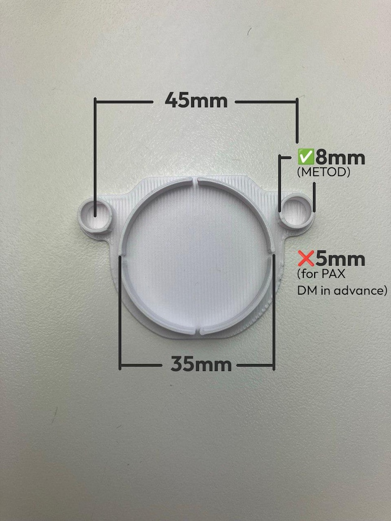 The most important dimensions of the cover, including a notice about the difference between METOD, which uses 8mm screw holes, and PAX, which uses 5mm screw holes. Contact me if you wish to purchase a cover suitable for PAX.