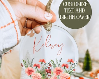 Adorno de cristal personalizado con flor de nacimiento, regalo personalizado para ella, adorno para madrina, regalo para hermana, mejor amiga, adorno