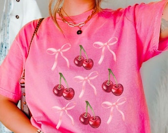 Coquette Cherry Bow Graphic Tee Soft Girl Aesthetic Girly Girl Tshirt Ribbon Shirt for Women Social Club Tee Trendy Y2K Coquette Shirt