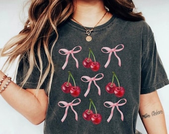 Coquette Cherry Bow Graphic Tee Soft Girl Aesthetic Girly Girl Tshirt Ribbon Shirt for Women Social Club Tee Trendy Y2K Coquette Shirt