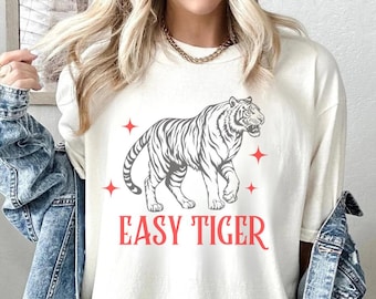 Camiseta retro sencilla y bohemia con tigre para mujer, camiseta con gráfico de tigre estético de gran tamaño, camiseta de inspiración vintage de estilo indie