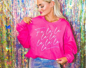 Fa La La-sweater Felroze kerstsweater Trendy kersttrui met ronde hals voor dames Kerstfeest