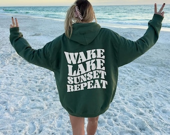 Summer Lake Hoodie for Women Trendy Oversized Lake Life Sweatshirt Aesthetic Back Print Sunset Hoodie Lake Vacation Gift for Lake Lover